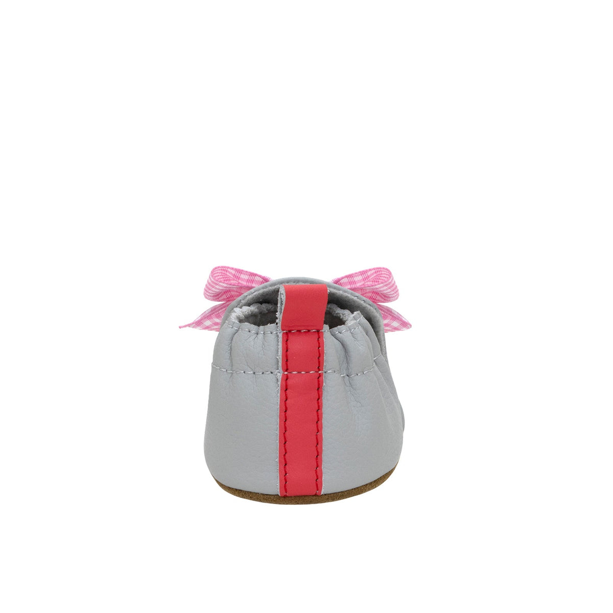 Gray baby shoe with a pink stripe and bow on a white background