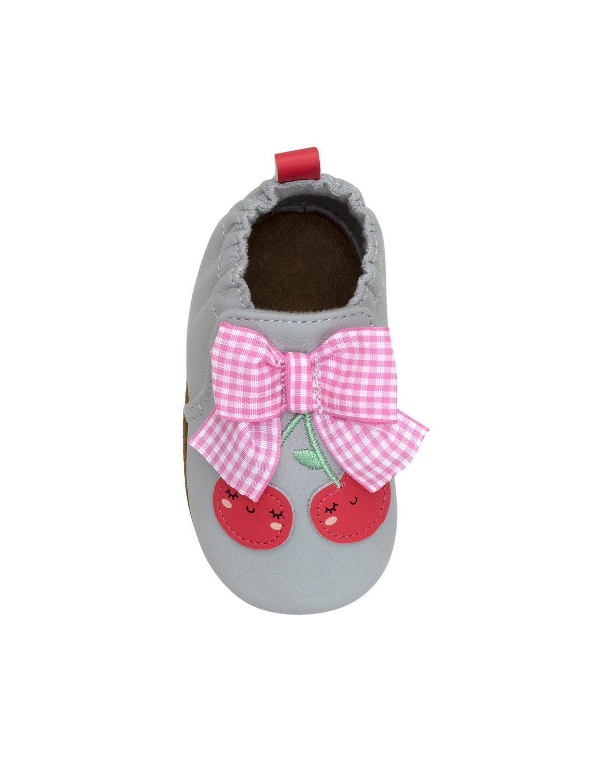 Gray baby shoe with pink bow and cherry design on a white background