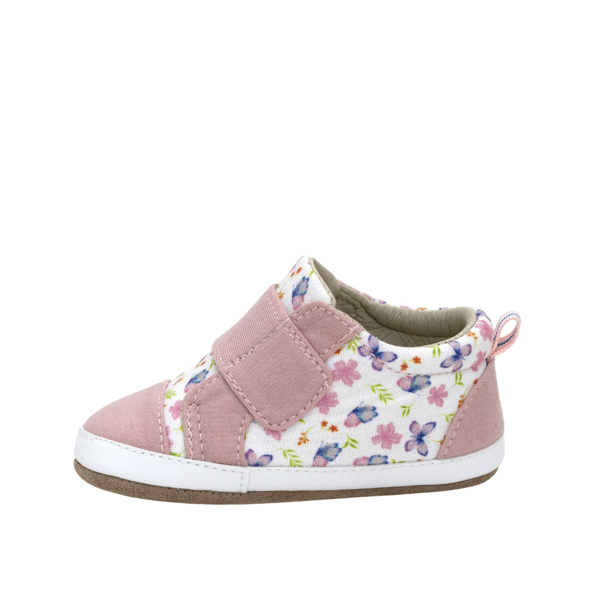 Pink baby shoe with floral pattern on a white background