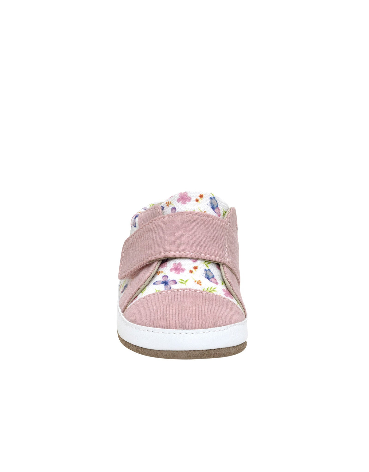 Pink children's shoe with floral pattern on a white background