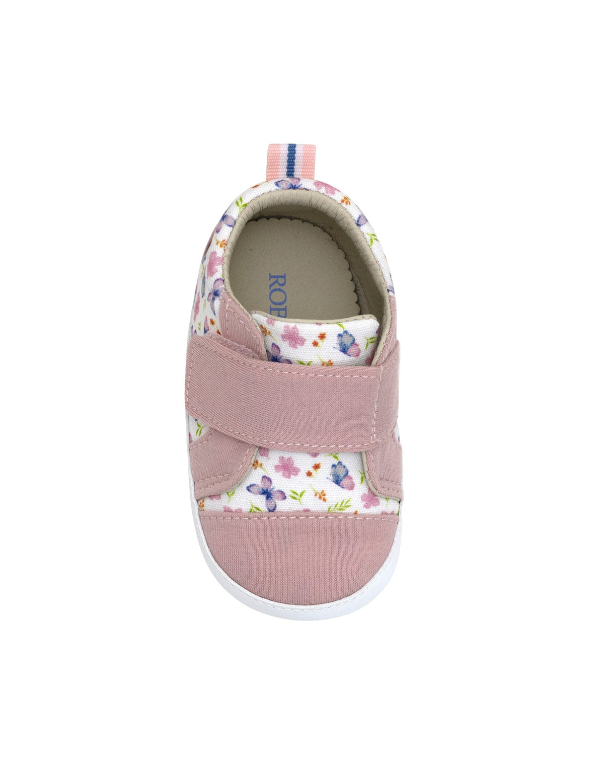 Pink children's shoe with floral pattern on a white background