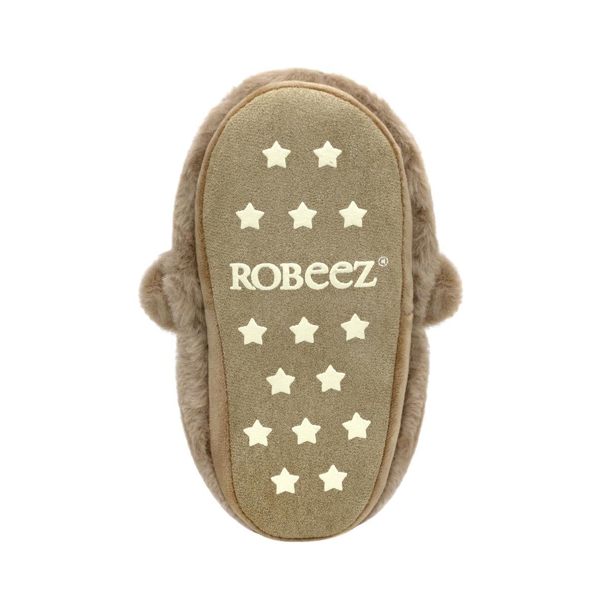 Beige slipper with star patterns and 'ROBEEZ' branding on a white background