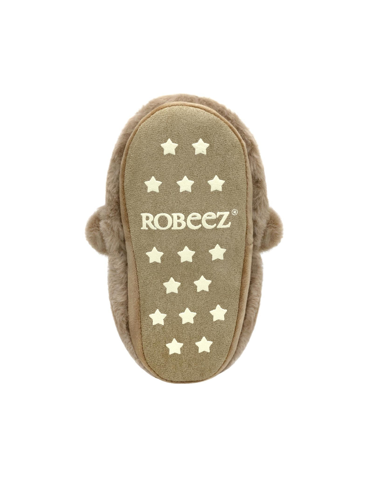 Beige slipper with star patterns and 'ROBEEZ' branding on a white background
