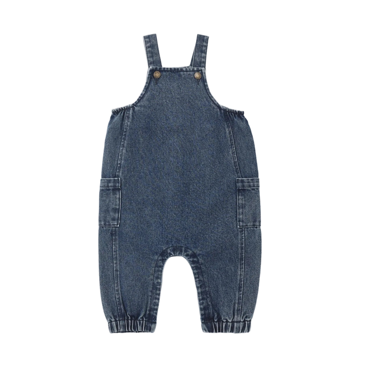 A baby's blue denim overall romper with adjustable shoulder straps and front patch pockets, shown flat on a white background.