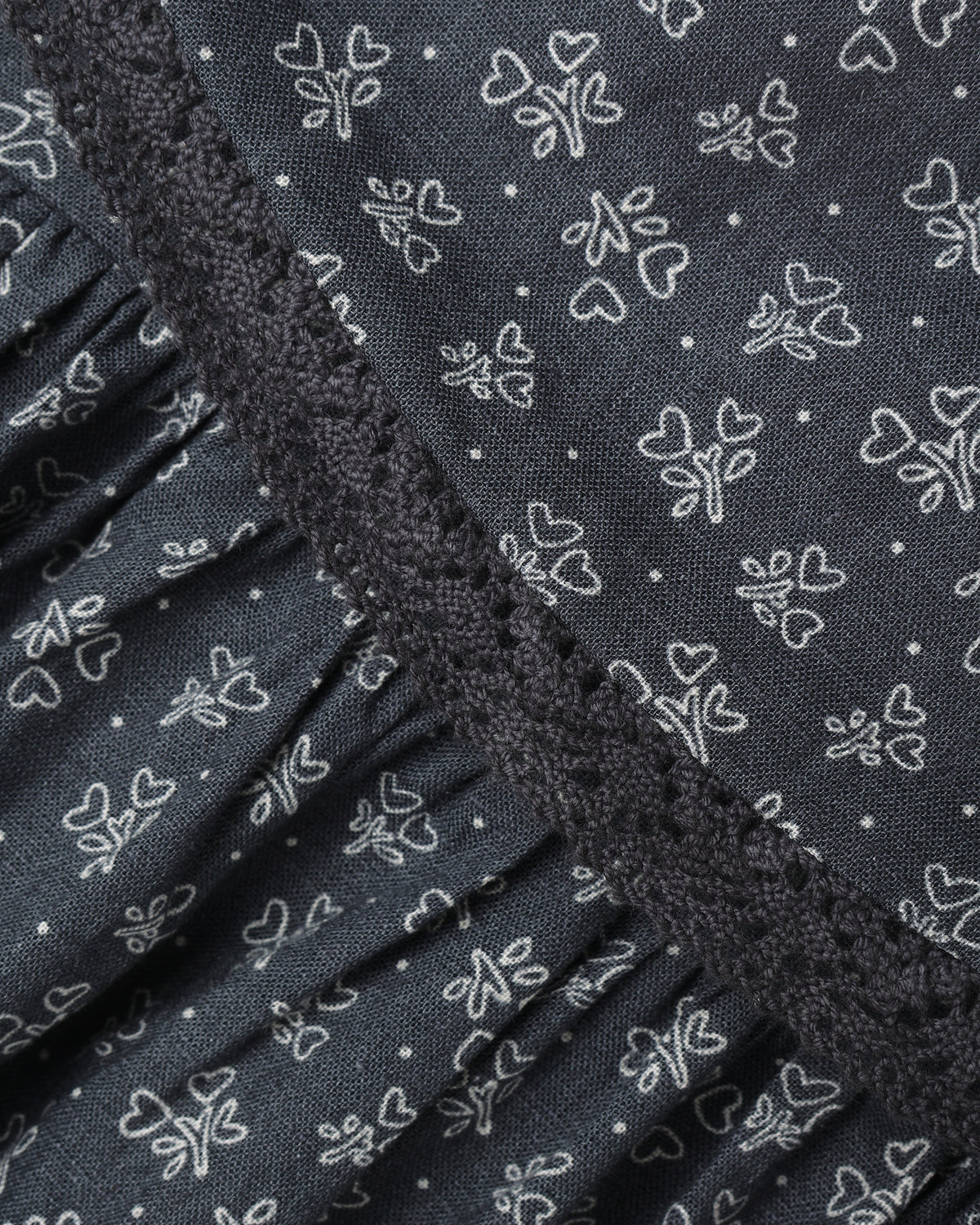 Close-up of a dark gray fabric with a white outline floral and heart pattern, featuring a ruffled trim along the edge.
