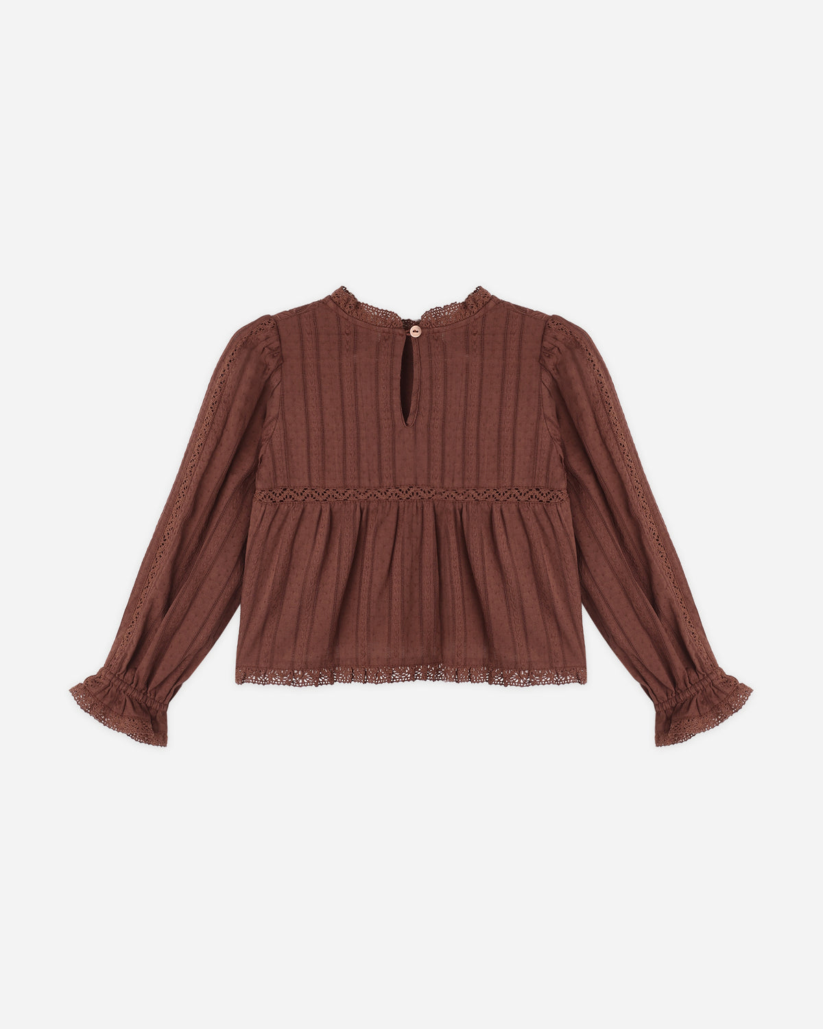 A brown long-sleeve blouse with a textured vertical ribbed knit pattern, a smocked waist, and ruffled cuffs, shown against a plain light gray background.