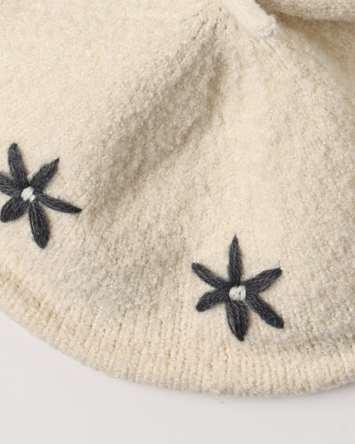 Close-up of a cream-colored knit hat featuring two black embroidered flower motifs with small white centers.