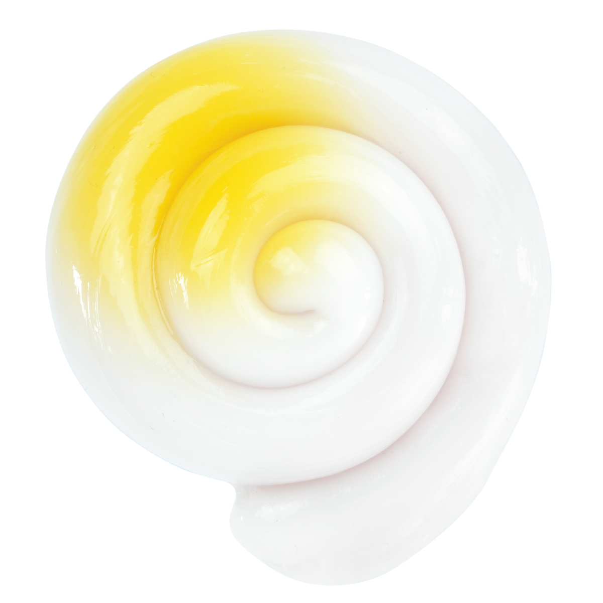 Close-up of a glass orb with yellow and white swirl pattern on a white background