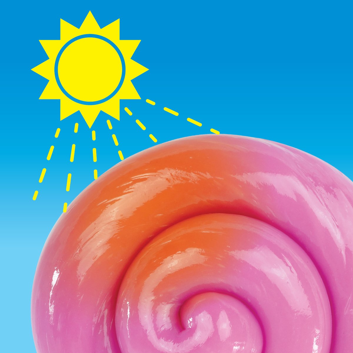 Pink and orange swirl with a sun and rays on a blue background