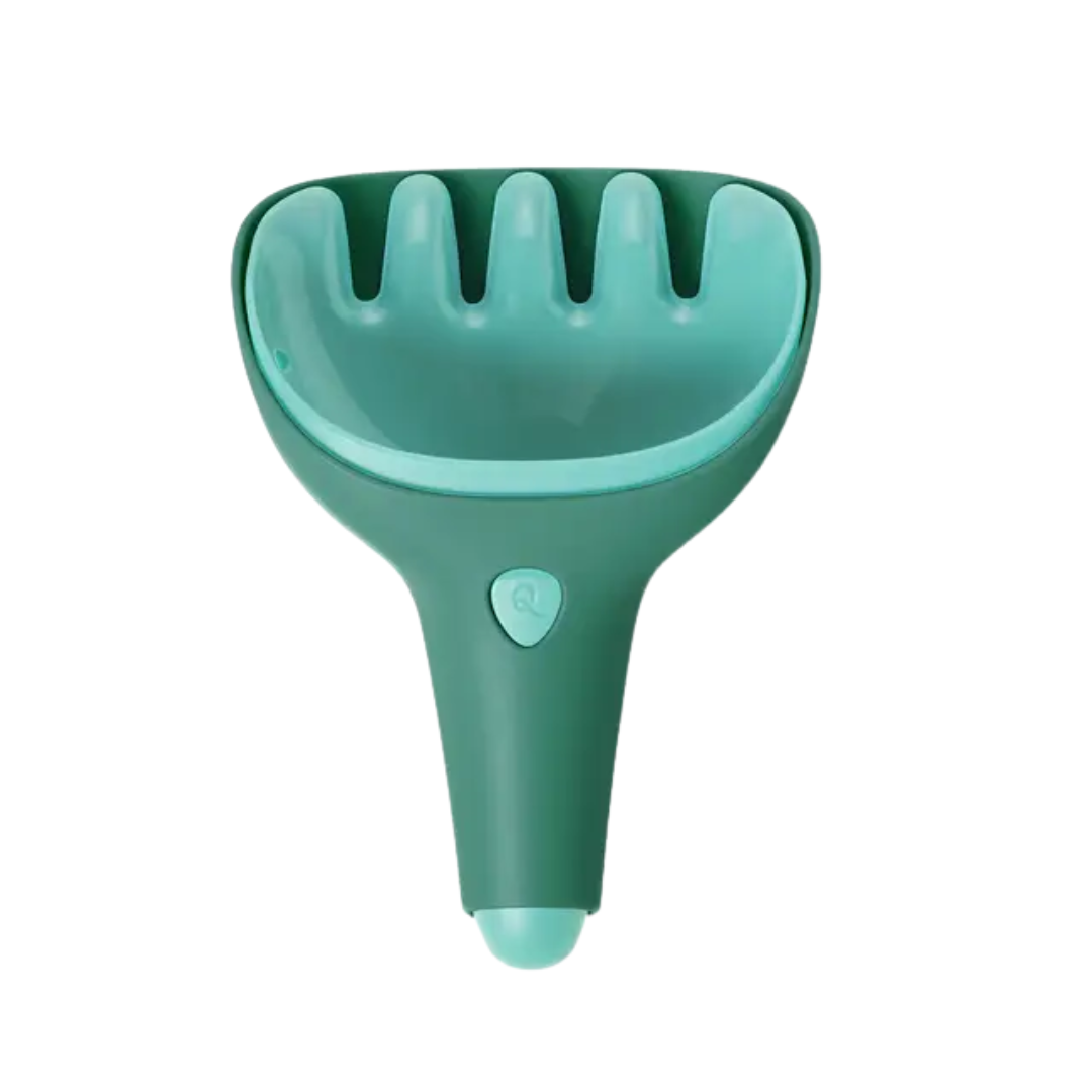Green plastic tool with a unique design on a white background