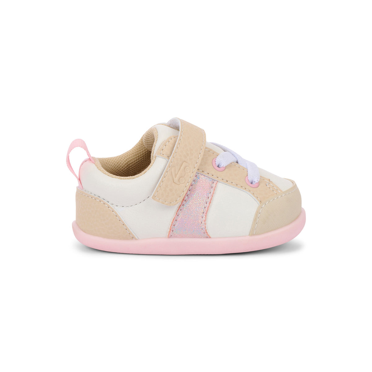 Beige and pink baby shoe on a white background