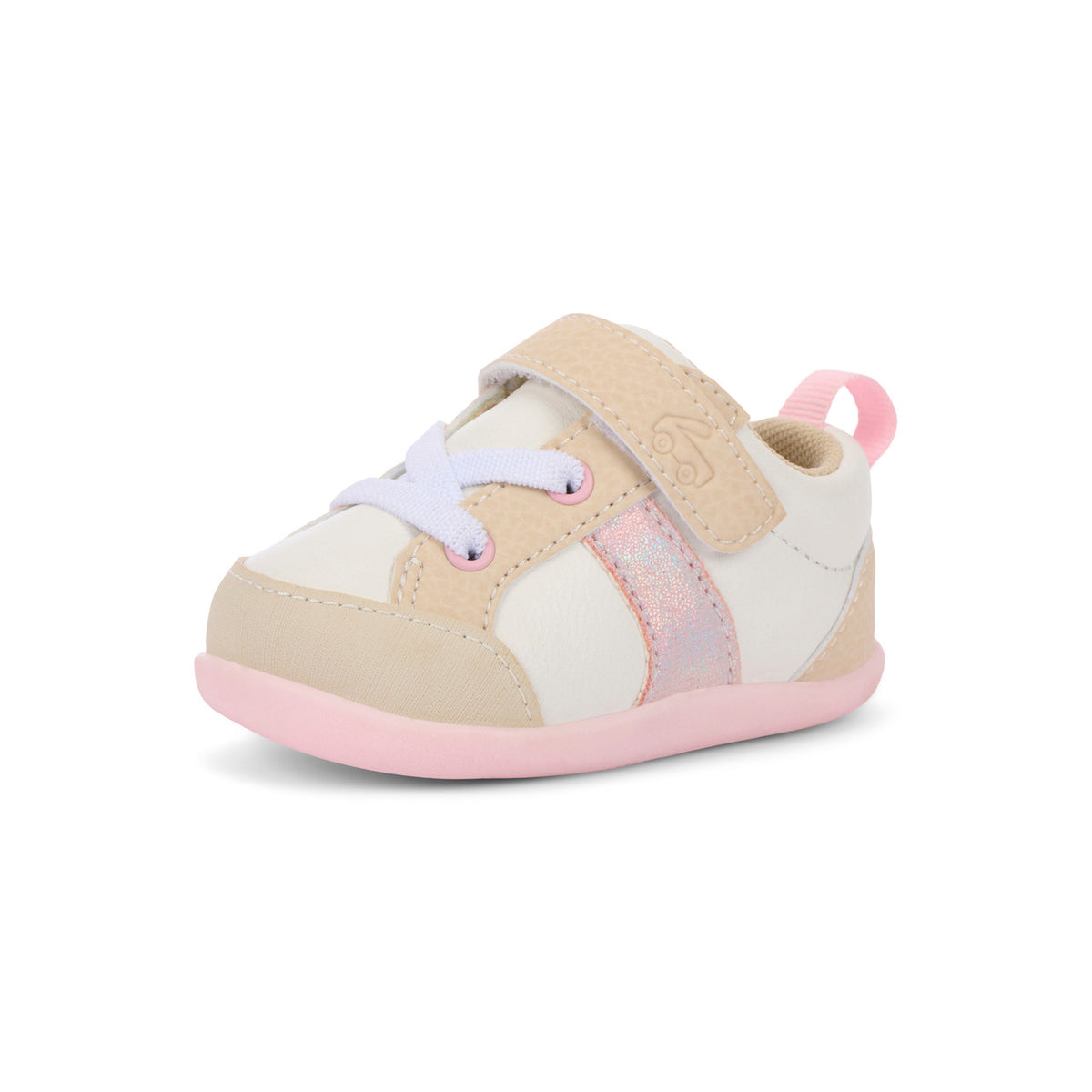 Beige and pink baby shoe on a white background