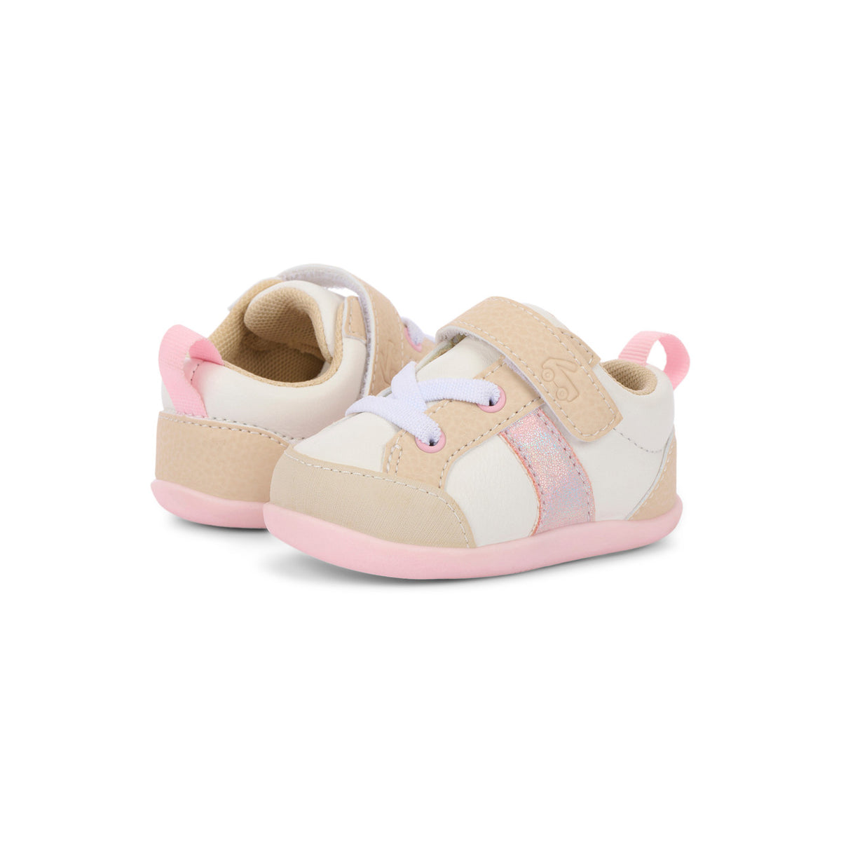 Pair of baby sneakers with pink and beige design on a white background