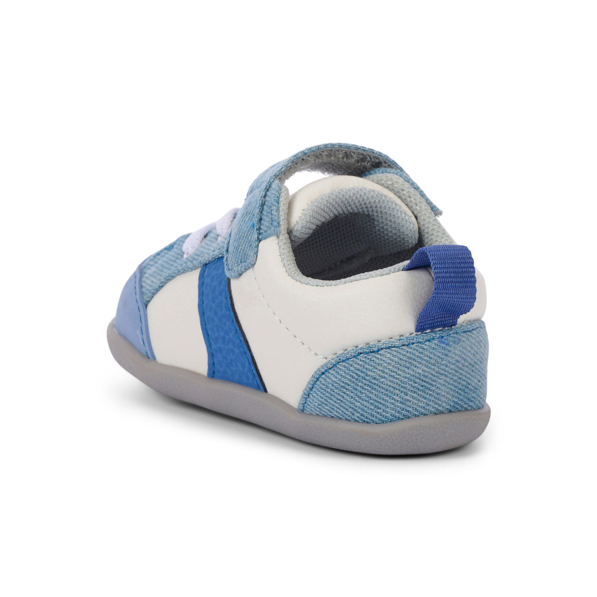Blue and white baby shoe on a white background