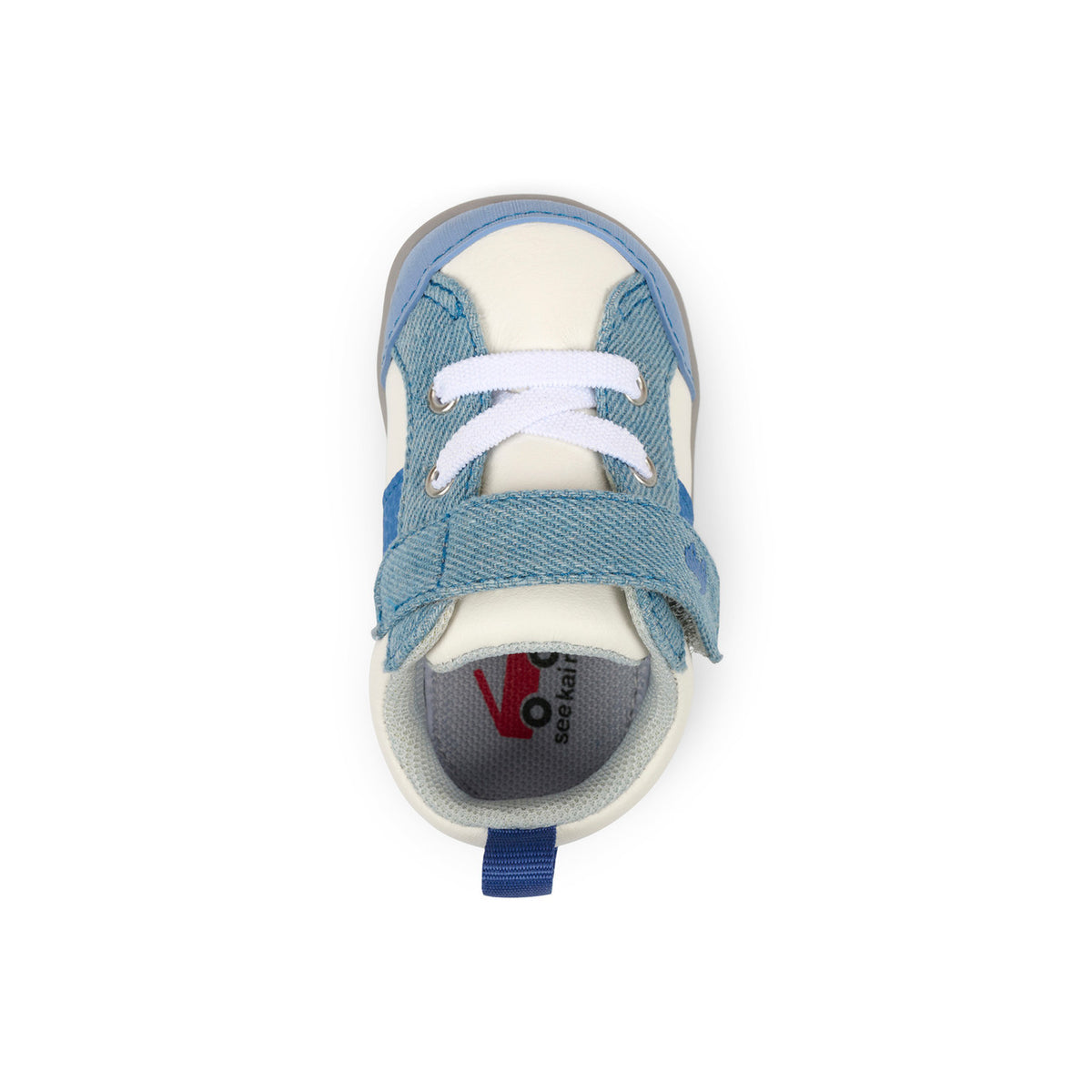 Blue and white sneaker with a visible brand logo on a white background