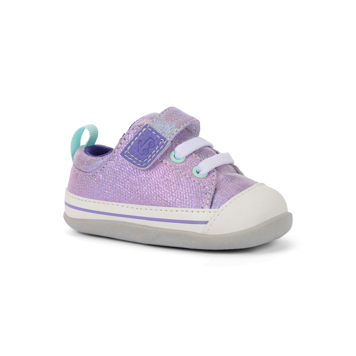 Purple children's sneaker with white sole on a white background