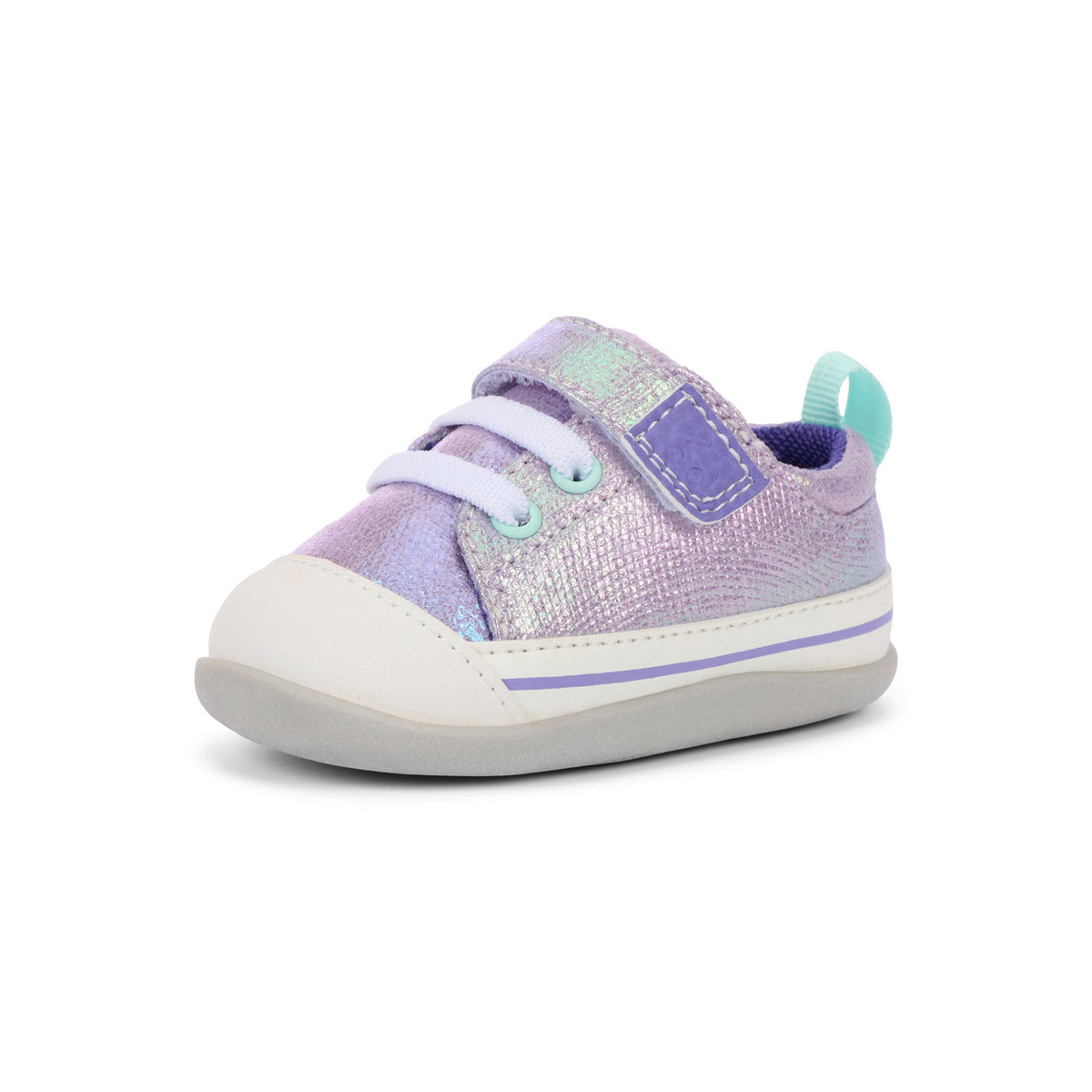 Purple and blue baby shoe on a white background
