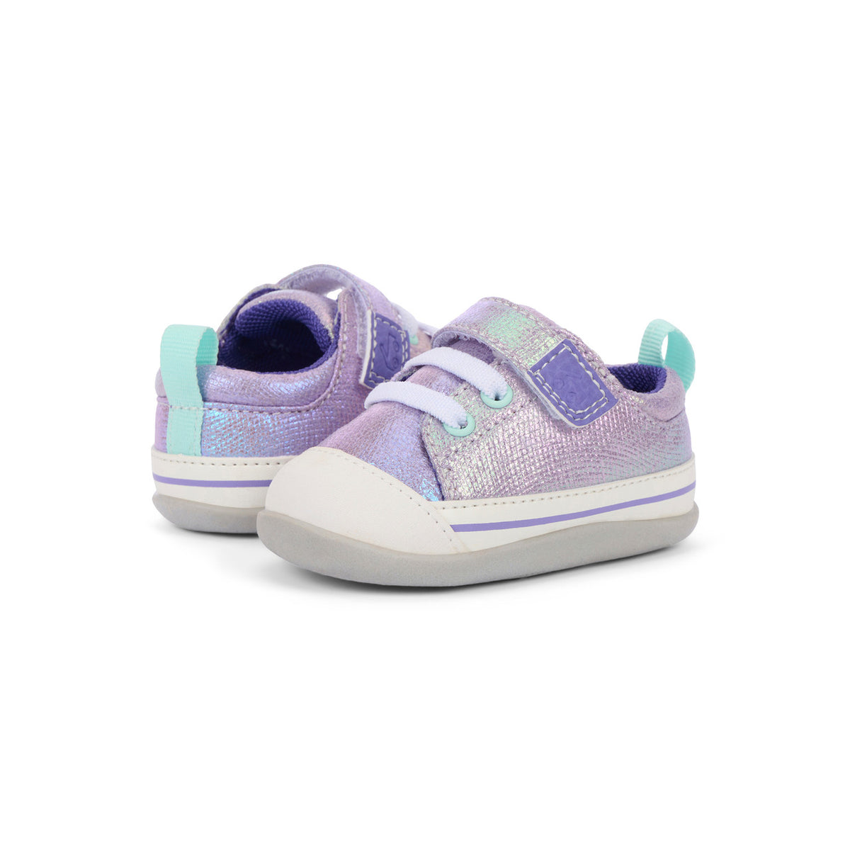 Pair of purple and blue children's sneakers on a white background