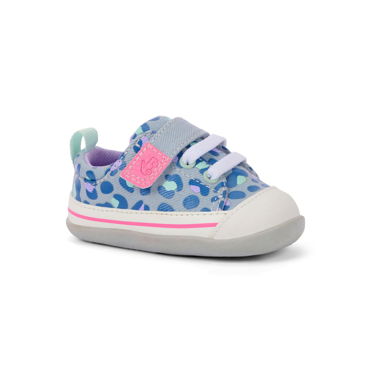 Children's sneaker with blue pattern and pink accents on a white background
