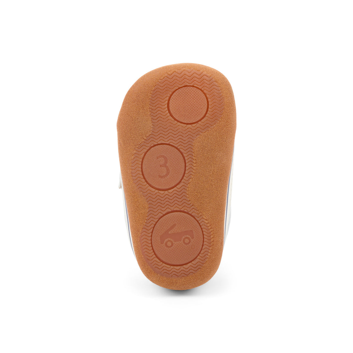 The brown rubber outsole of a baby bootie, showing embossed circular markings with the numbers 1, 2, and 3 and a small car icon, photographed on a white background.