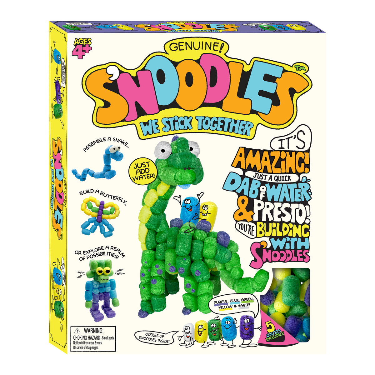 Box of Snoodles brand toy building sticks, featuring a green caterpillar-like stick figure and colorful branding on the front of the packaging.