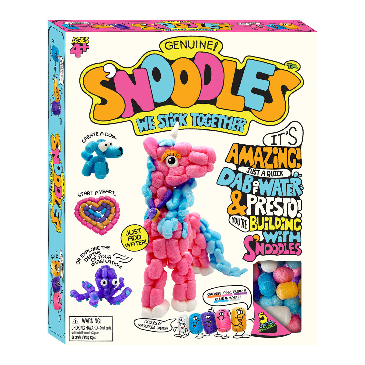 Box of Snoodles toy building set, featuring a colorful product package with illustrations of dog, heart, octopus, and character figures built from the toy, on a plain white background.