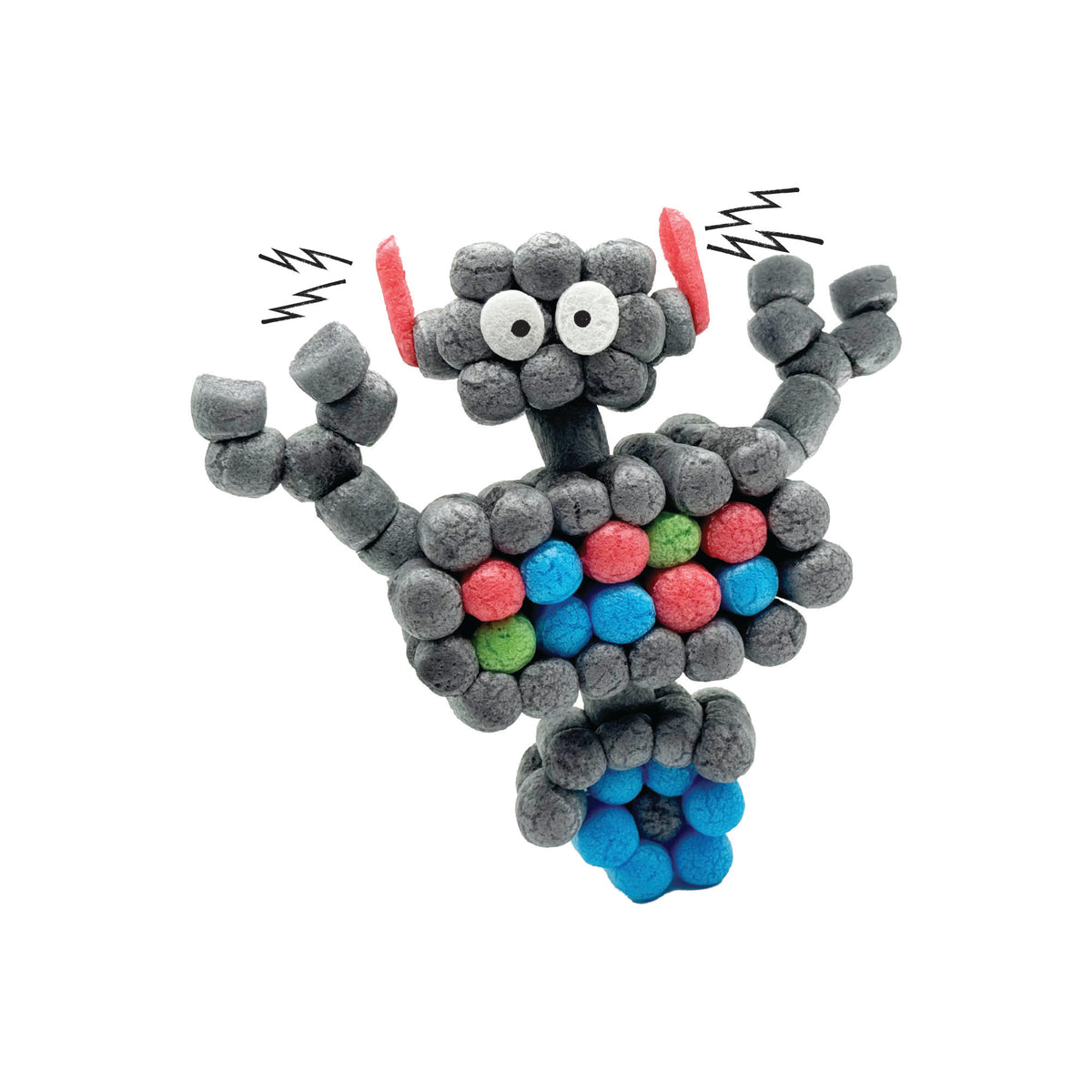 Toy figure made of gray, pink, green, and blue beads on a white background