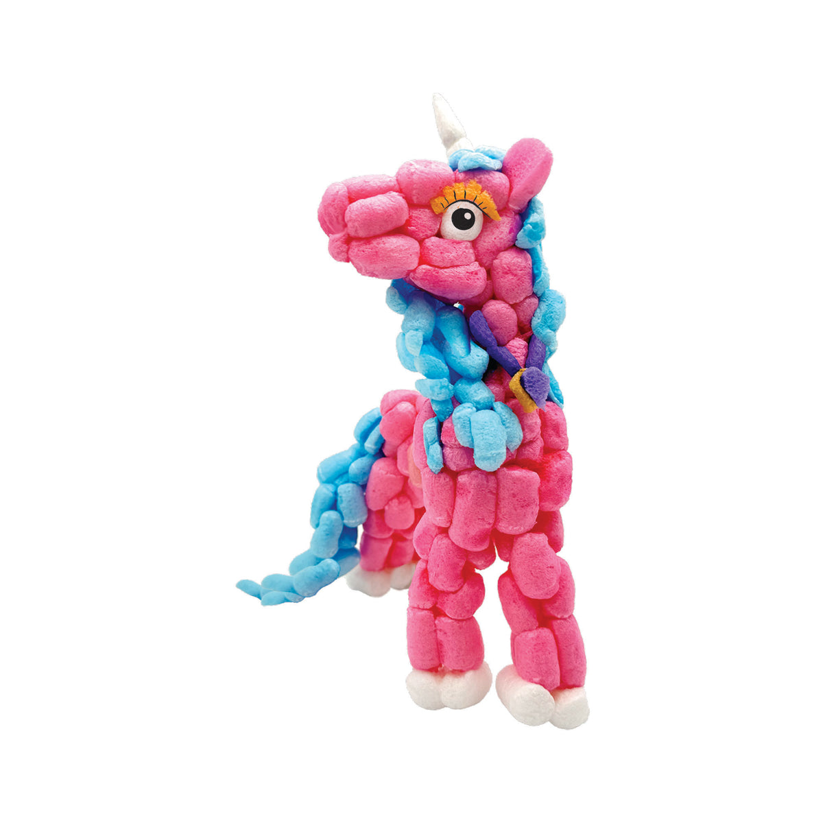 Colorful plush toy resembling a creature with pink and blue body on a white background