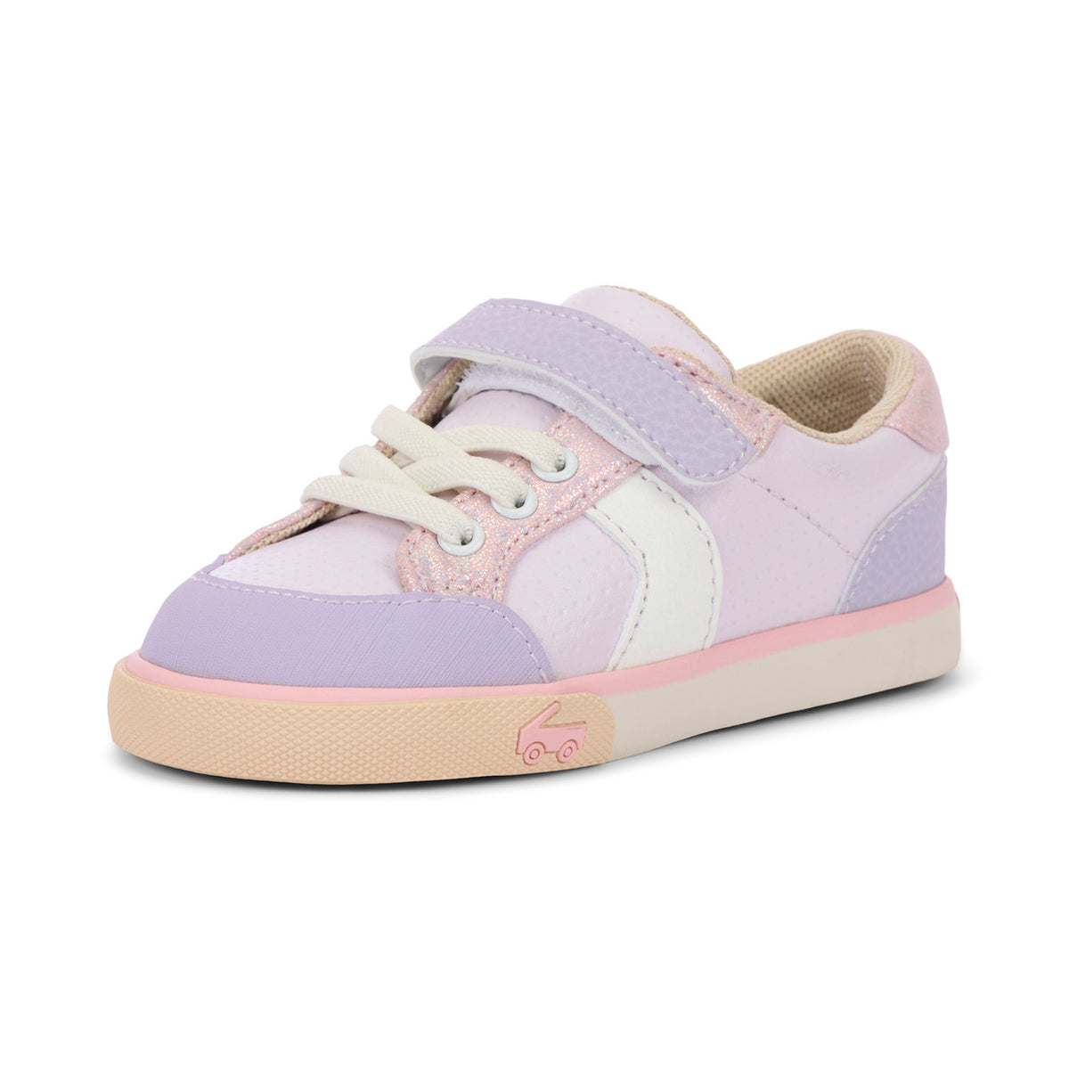 Children's shoe with purple, pink, and white color scheme on a white background