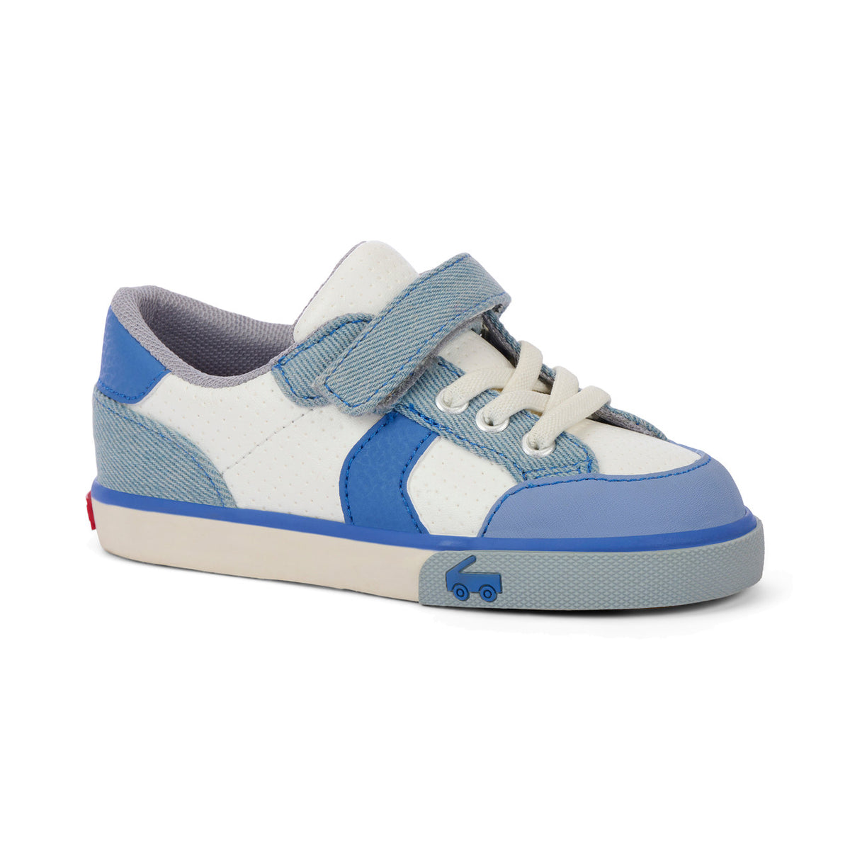 White and blue children's sneaker with a visible brand logo on a white background
