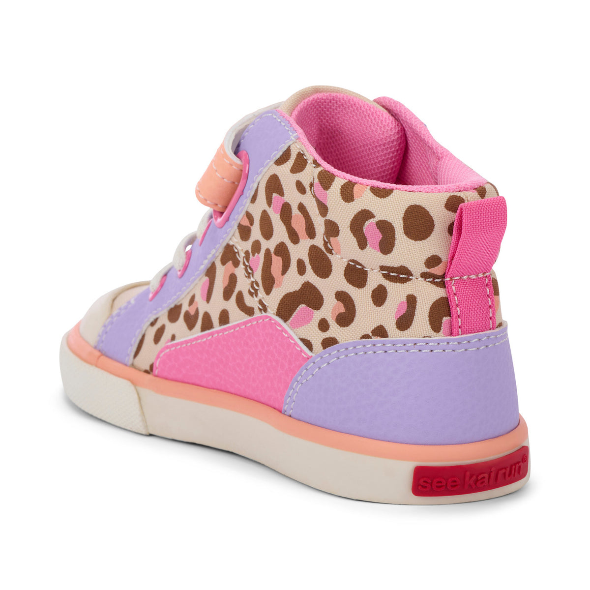 Child's sneaker with leopard print pattern on a white background