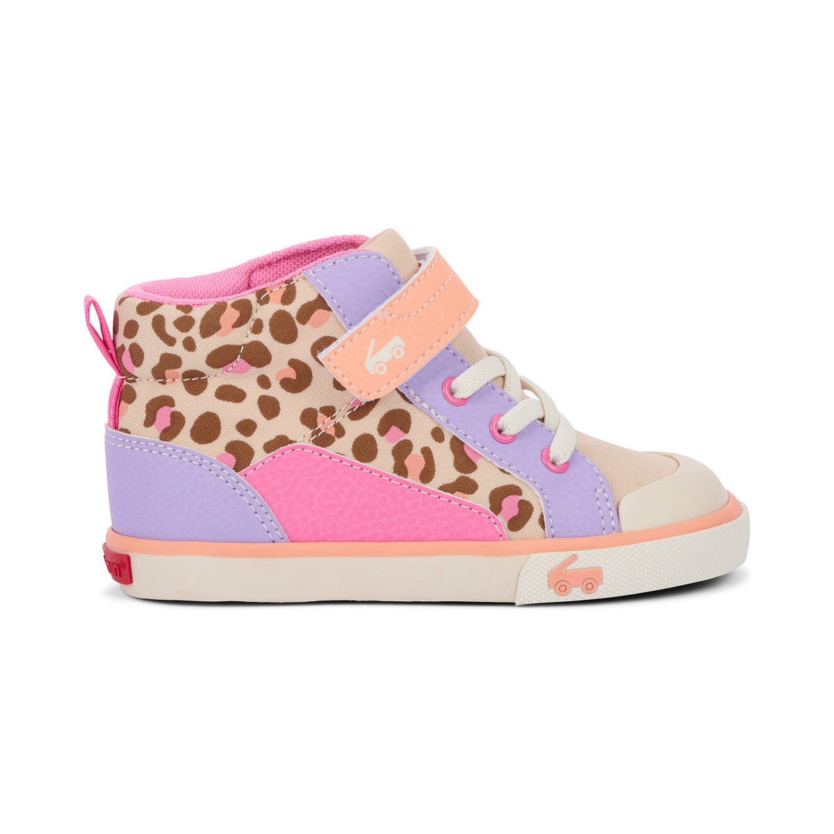 Multicolored children's sneaker with leopard print pattern on a white background