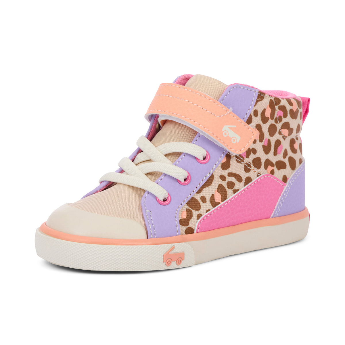 Children's high-top sneaker with leopard print and colorful design on a white background