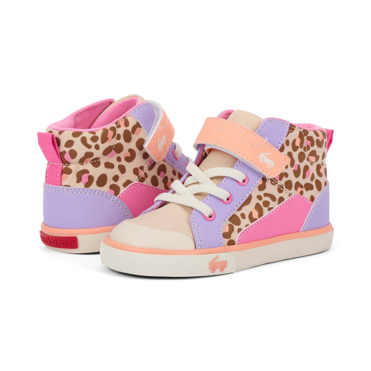 Pair of children's high-top sneakers with leopard print and colorful design on a white background