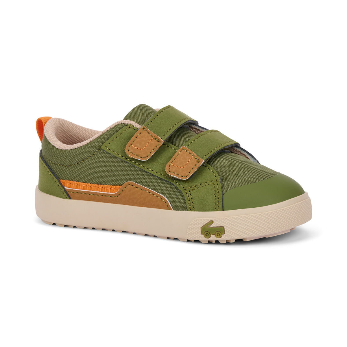 Green children's shoe with brown accents on a white background