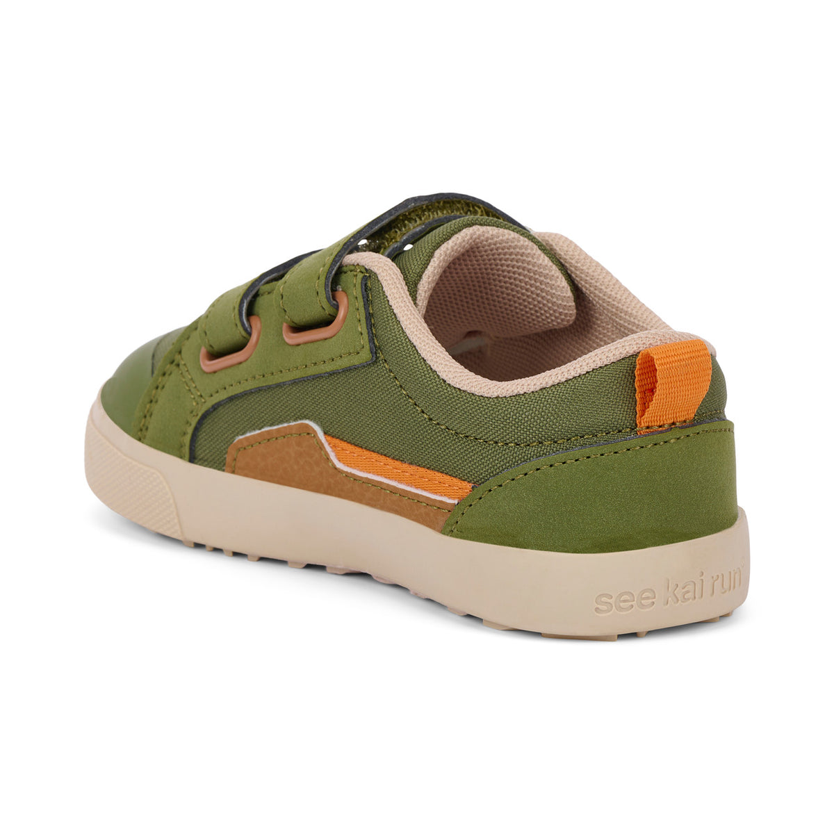 Green and brown children's shoe with orange accents on a white background