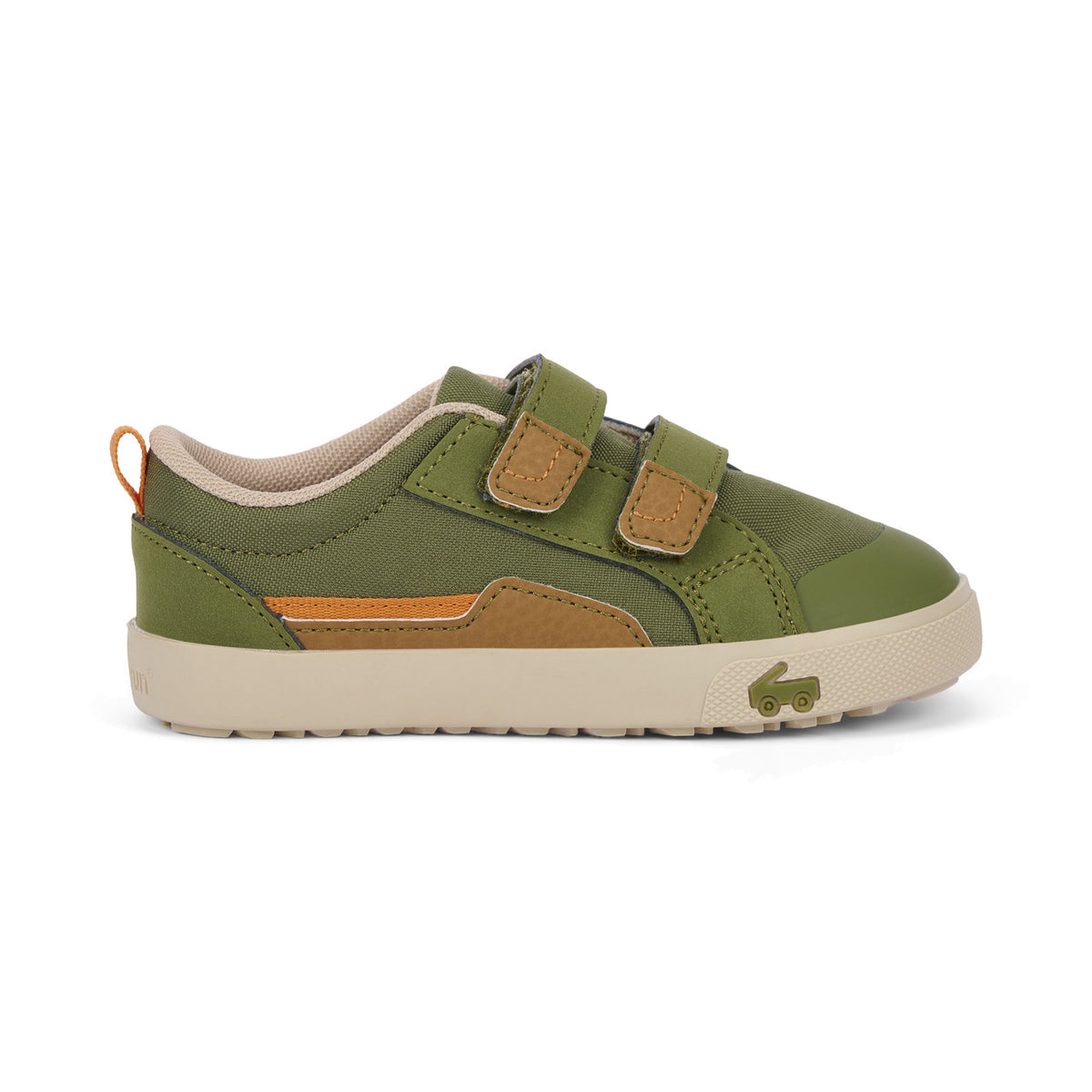 Green and brown children's shoe with a white sole on a white background