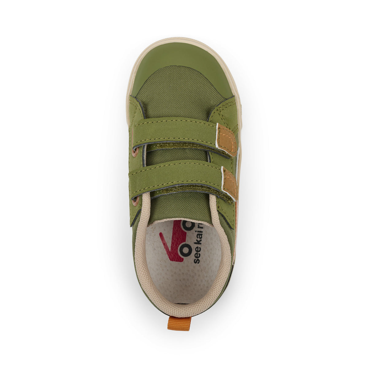 Green children's shoe with velcro straps on a white background