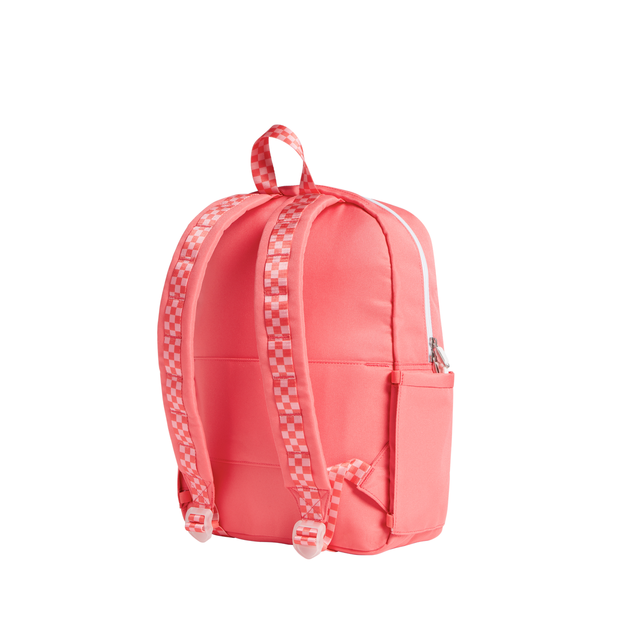 Pink backpack with checkered pattern on a white background