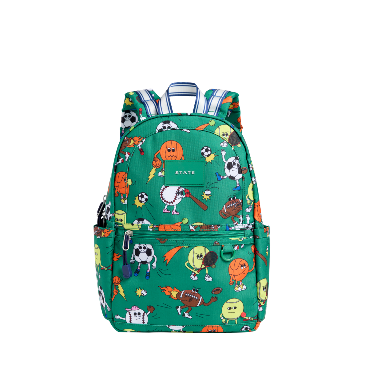 Green backpack with colorful cartoon character pattern on a white background