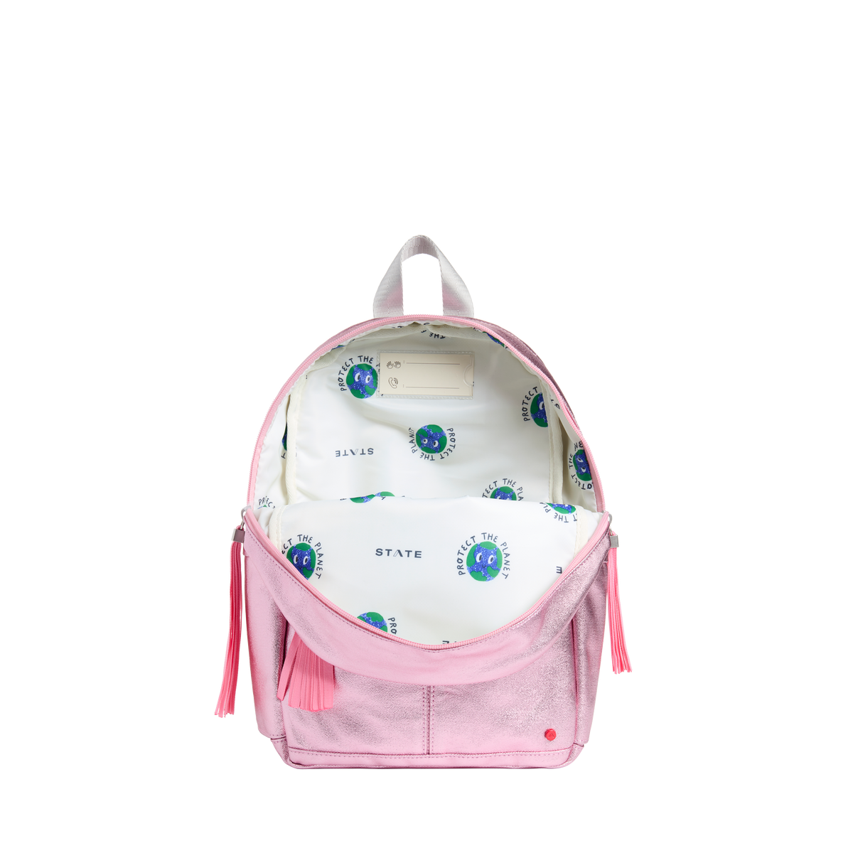 Pink backpack with a white interior featuring a brand logo on a white background