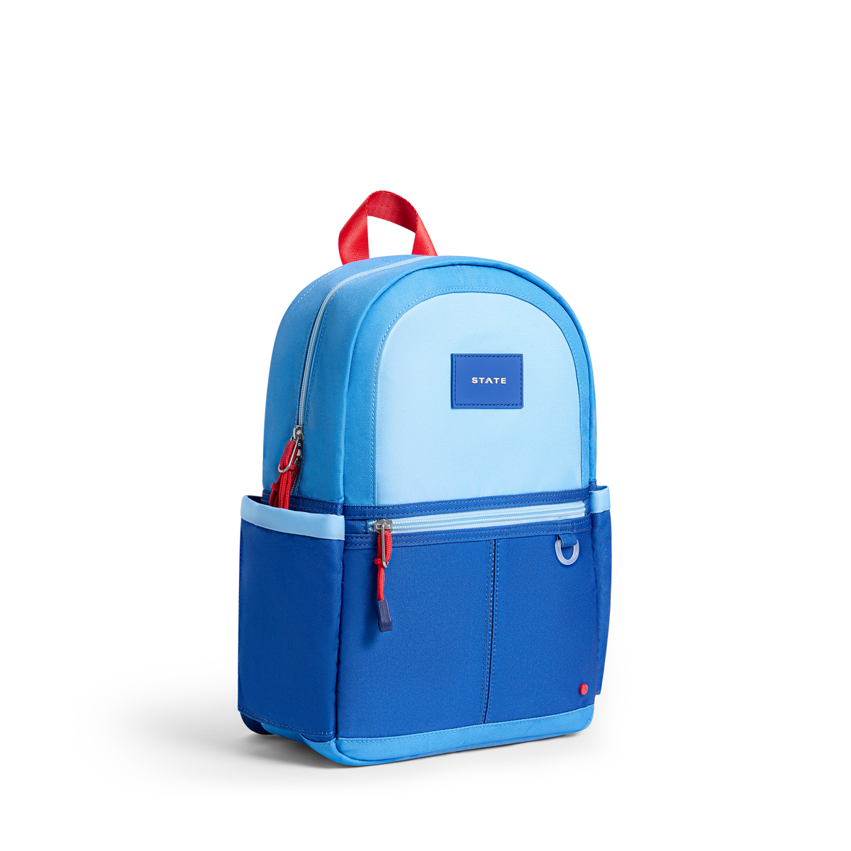 Blue backpack with red accents on a white background