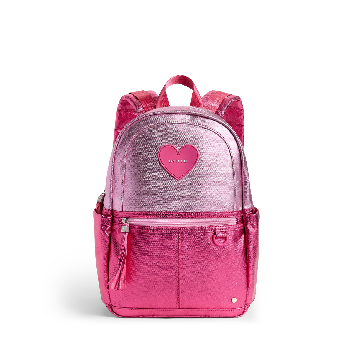 Pink backpack with a heart-shaped design on a white background