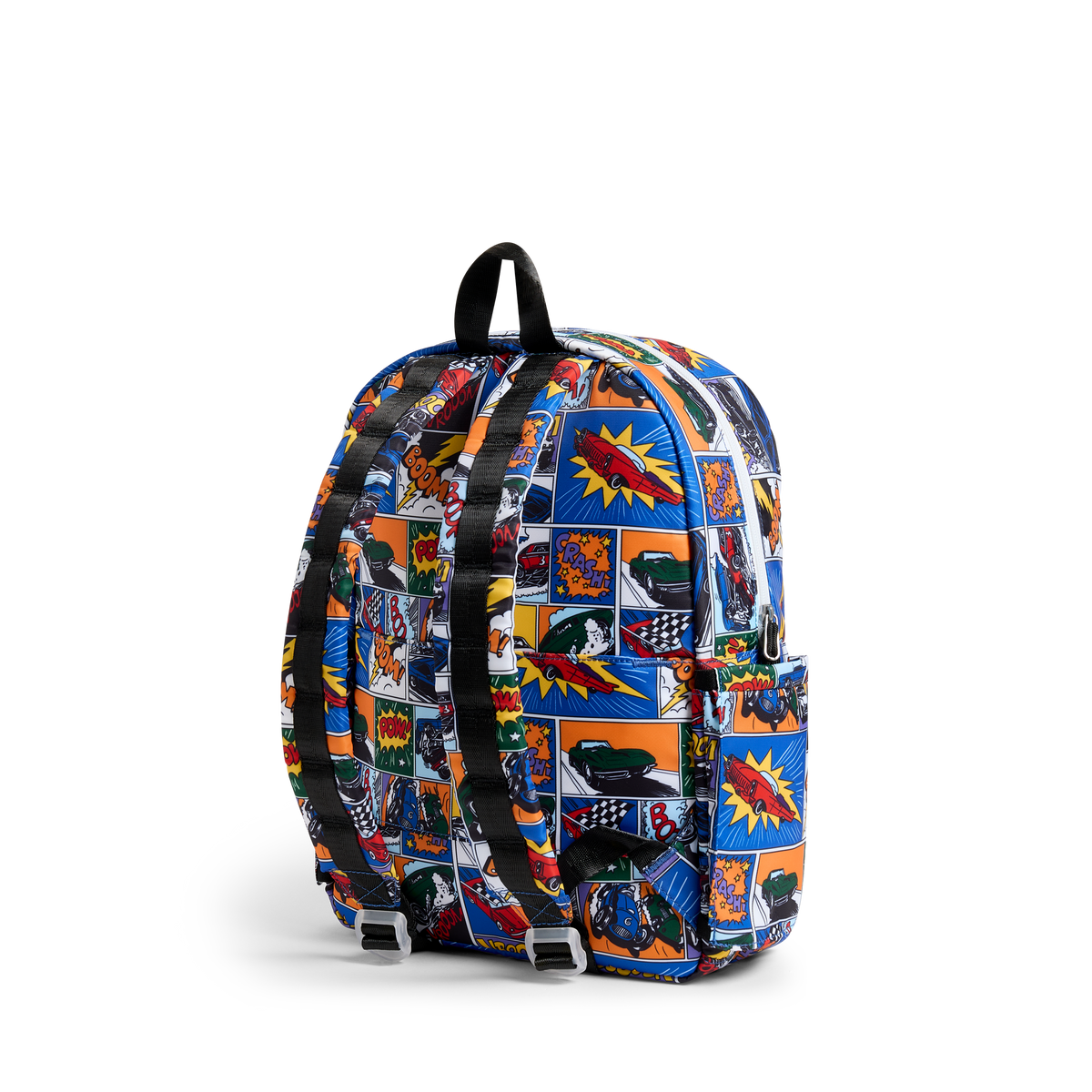 Backpack with colorful comic book pattern on a white background