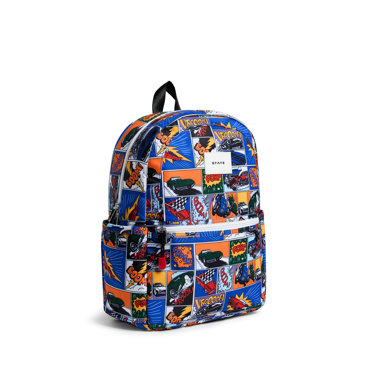 Backpack with colorful graphic design on a white background