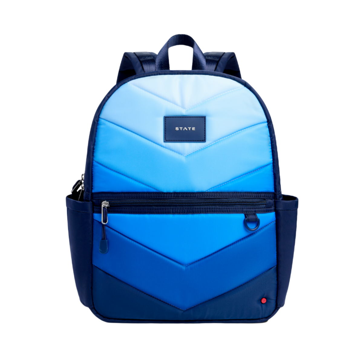 A blue and navy backpack with a chevron pattern, featuring a front zippered pocket and a small 'STATE' brand patch on the front.