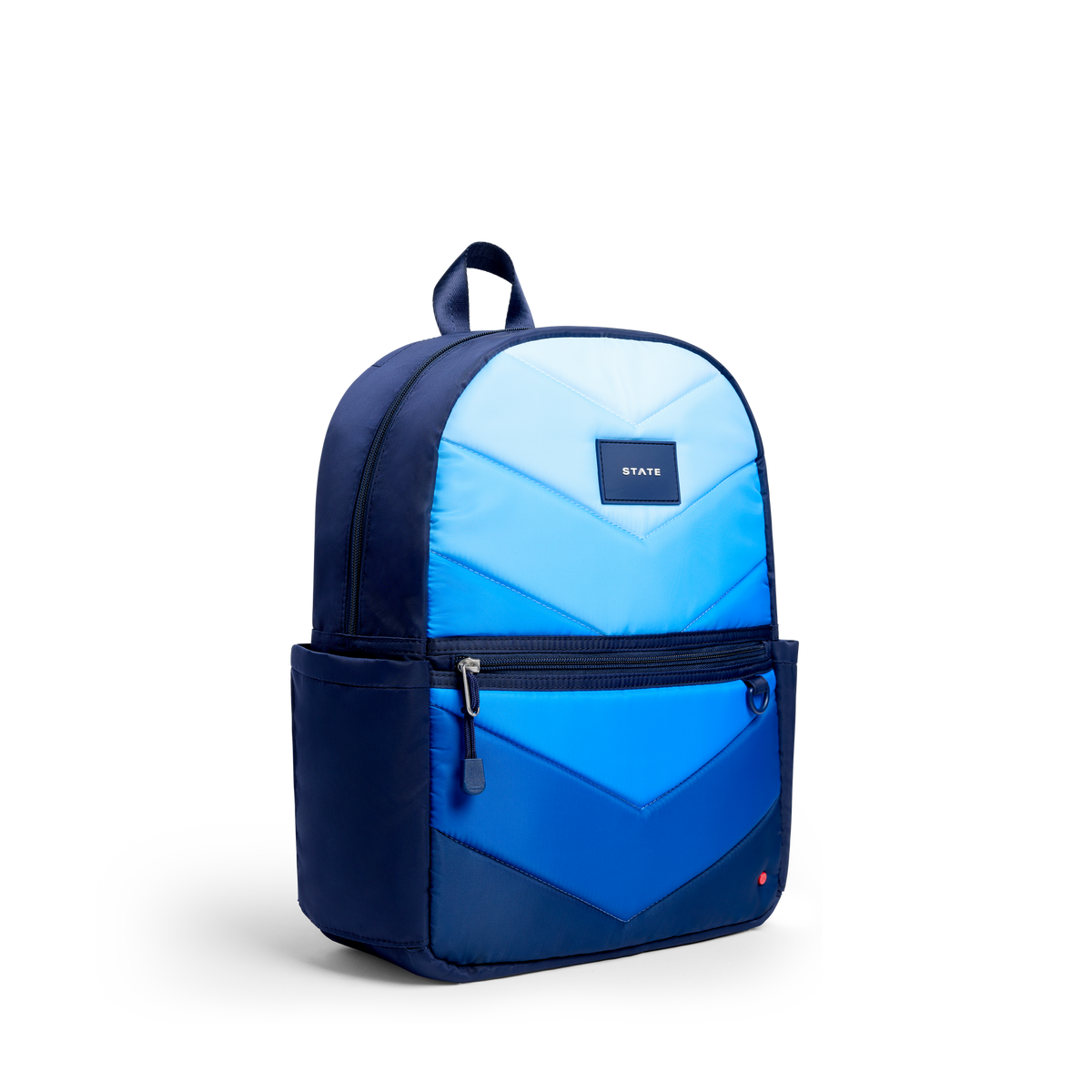 Blue geometric-patterned backpack on a white background
