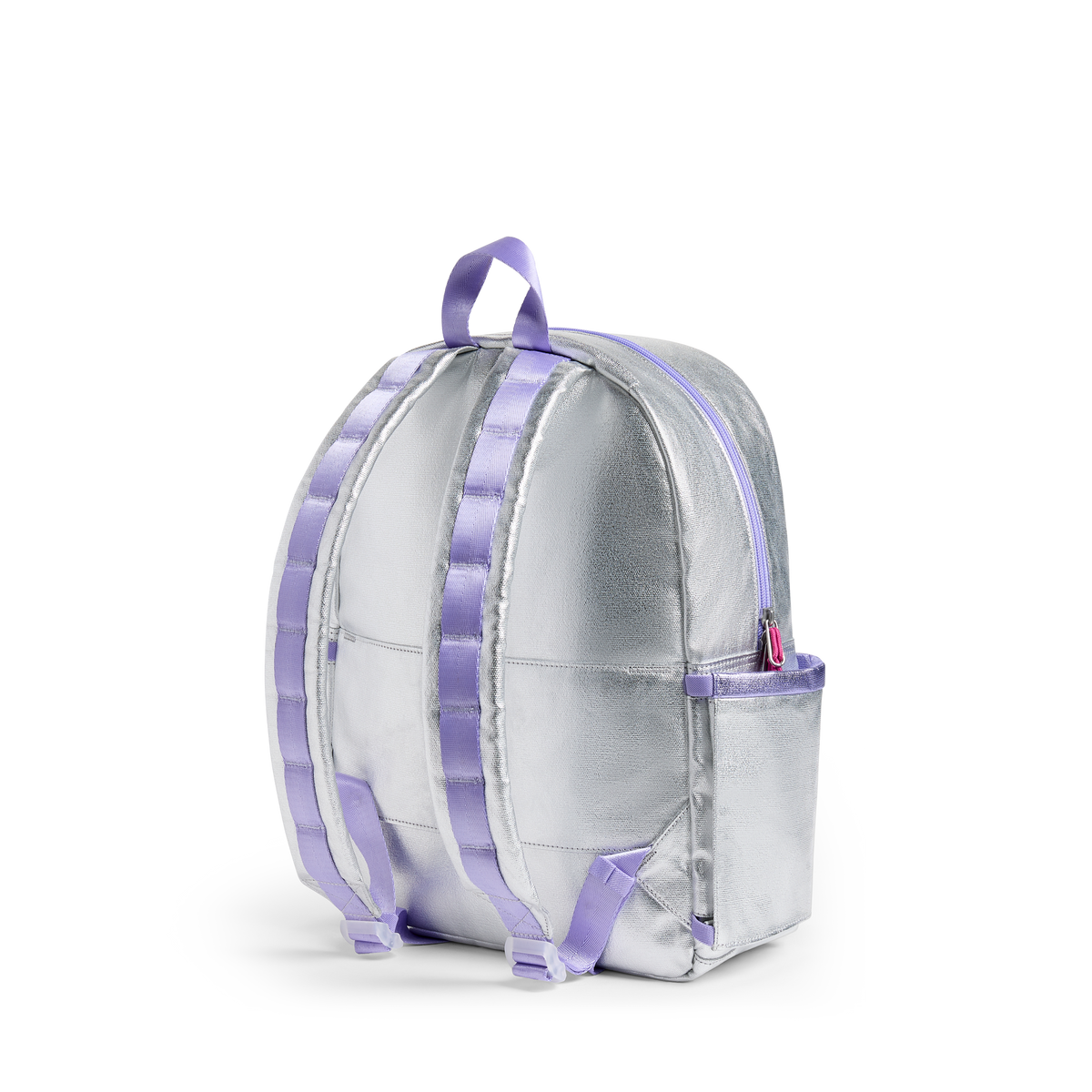 Silver backpack with purple accents on a white background