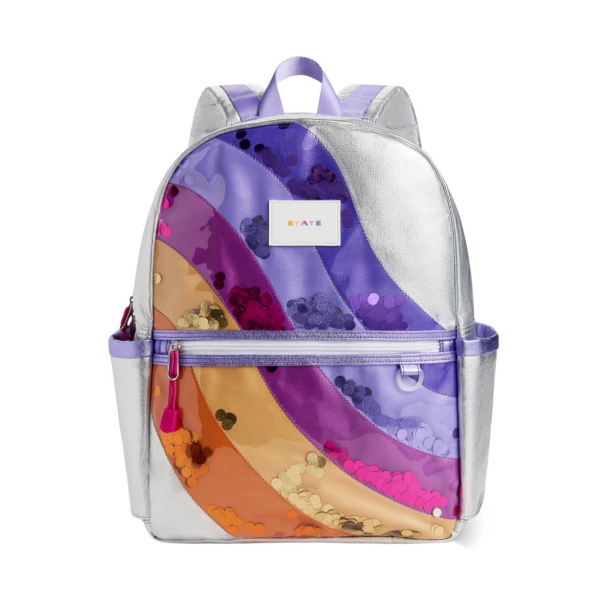 A metallic silver backpack with a colorful sequined rainbow design in purple, orange, and pink, featuring a white rectangular brand label that reads 'STATE' on the front.