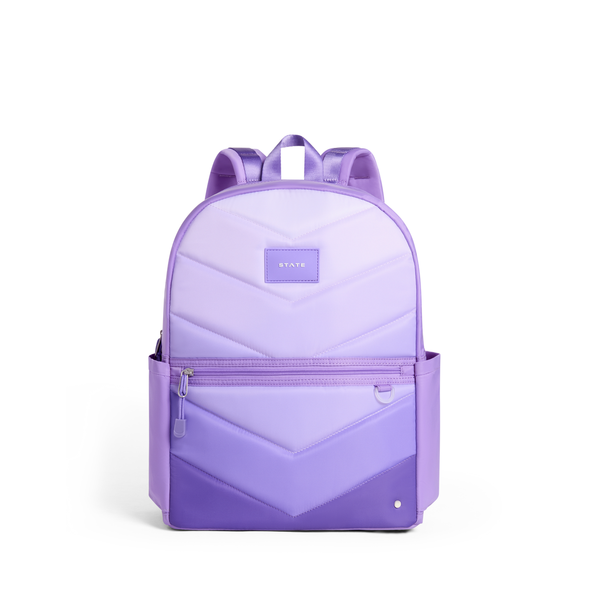 A lavender and light purple chevron-patterned backpack with a front zippered pocket and a small 'STATE' label on the front, shown against a plain white background.